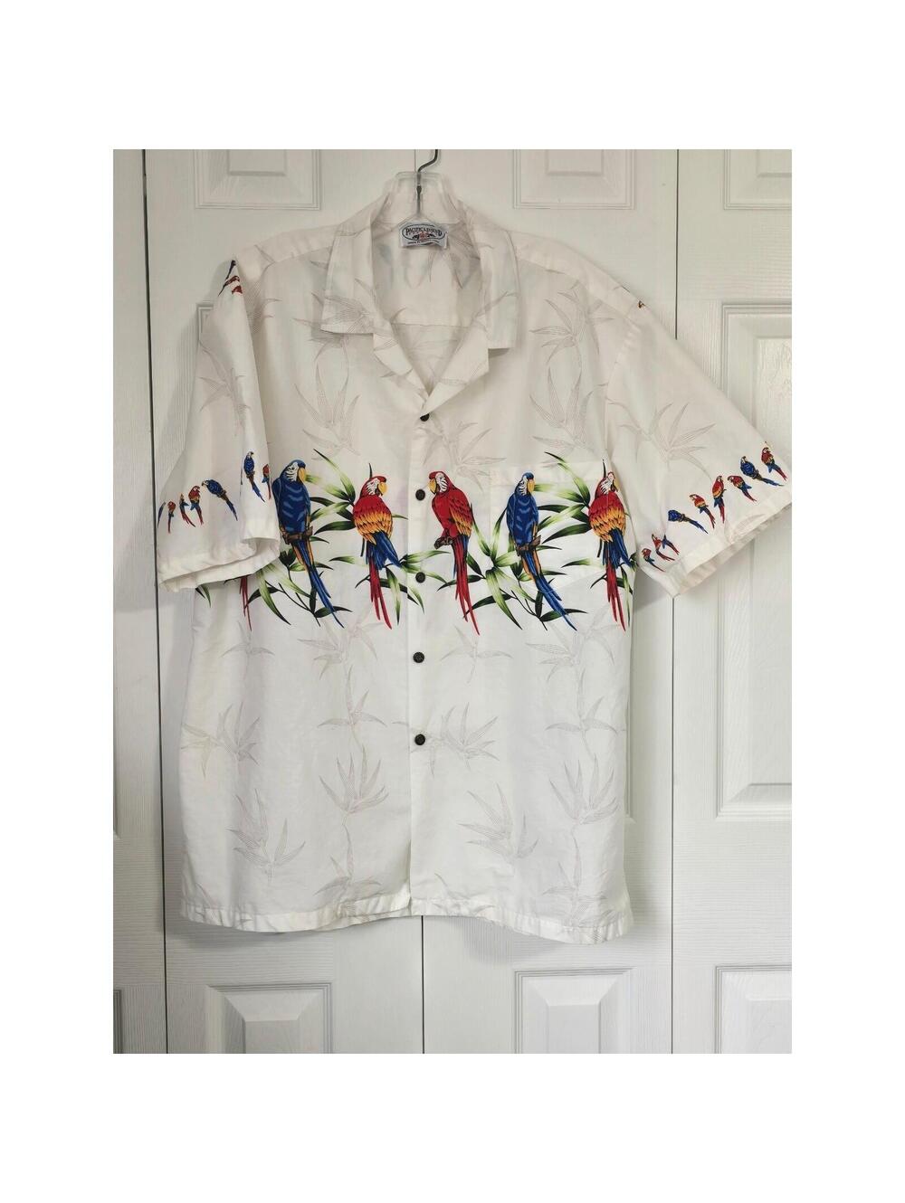 Pacific Legend Mens XL Hawaiian Shirt White Parrot Bamboo Cotton Made in Hawaii